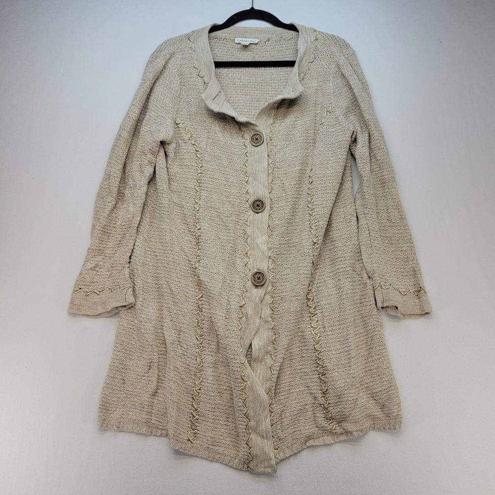 Coldwater Creek Cardigan Sweater Womens XL Beige Boho Whipstitch Knit Longline